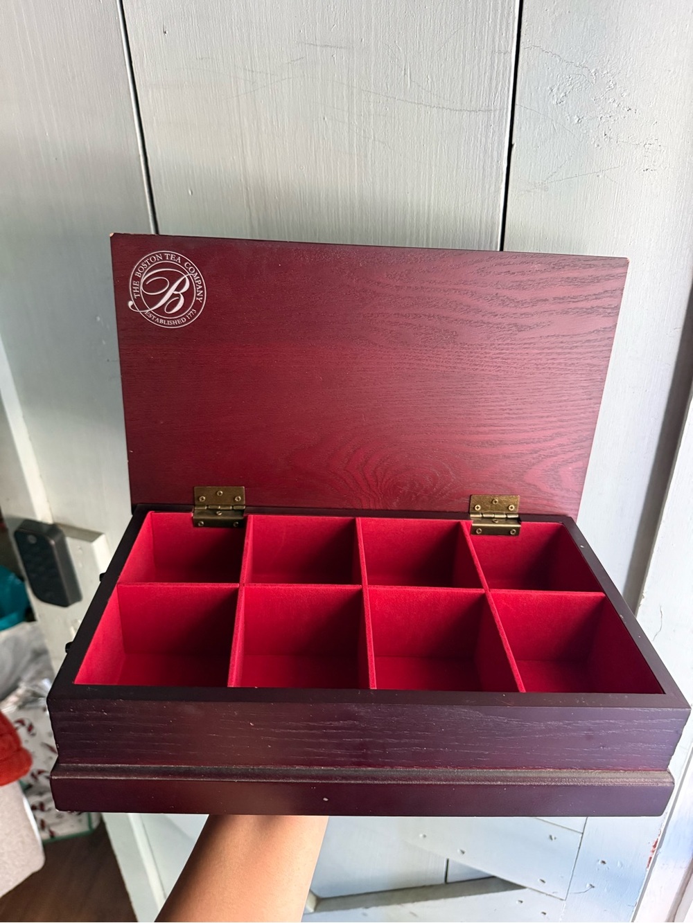 Wooden Tea or Jewelry Storage Box with 8 Compartments - Burgundy Red
